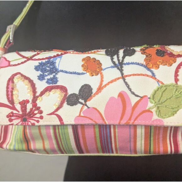 Y2K Fast Fin Beaded Floral Stripe Shoulder Bag Pink Green Mini Baguette - Picture 2 of 5